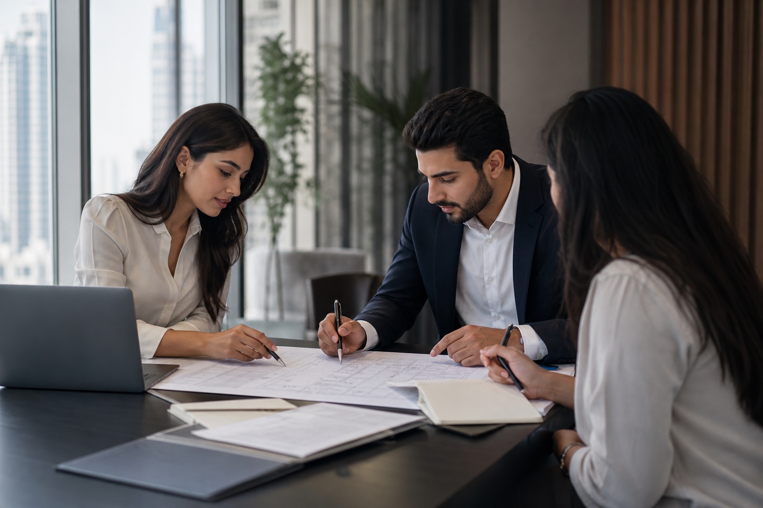 Professional team coordinating a project around documents and a shared workspace